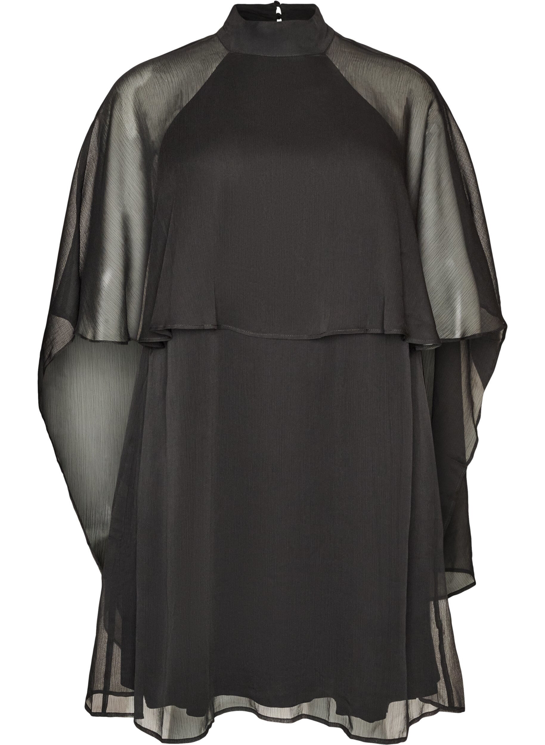 ZizzifashionKnee-length chiffon dress with sheer cape, Black, Packshot image number 0