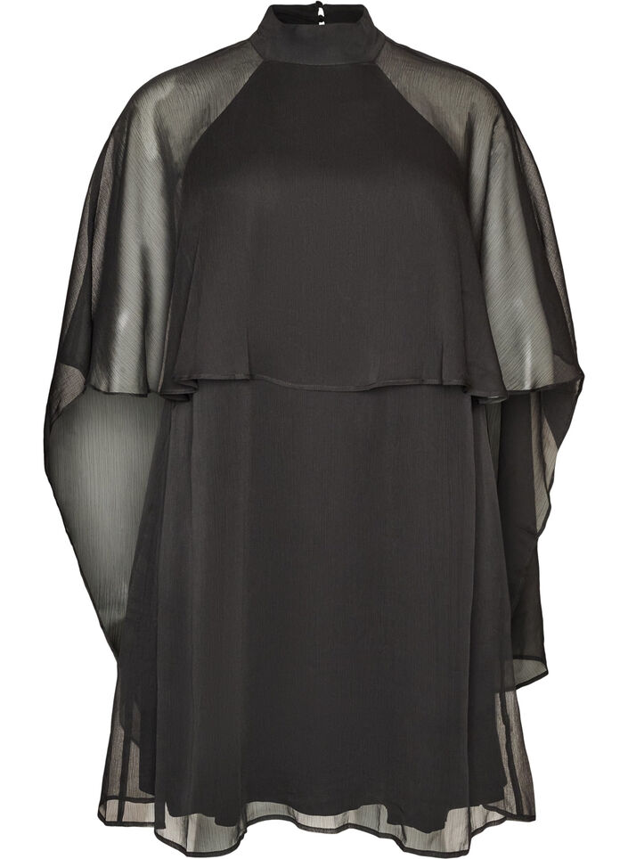 Knee-length chiffon dress with sheer cape, Black, Packshot image number 0