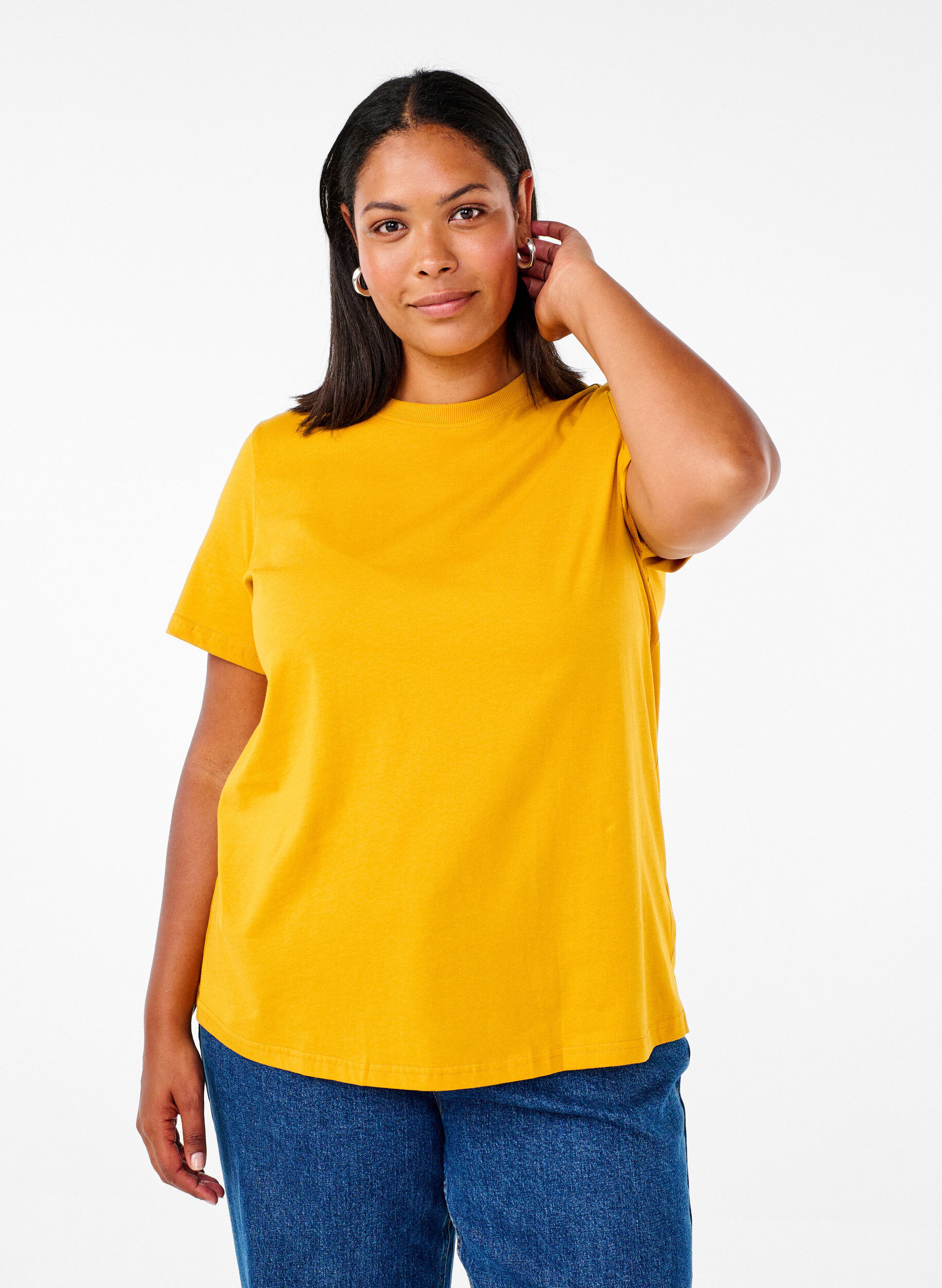 ZizzifashionBasic cotton T-shirt with round neck, Yellow, Model image number 0