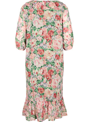 Floral printed midi dress with 3/4 sleeves and frills, Flower AOP, Packshot image number 1