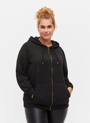 Zipped hoodie with quilted pattern, Black, Model image number 0