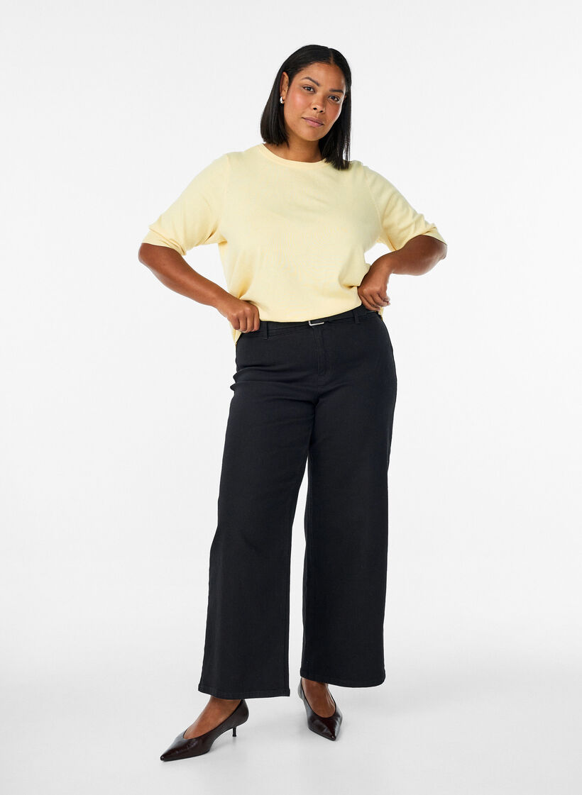Fine-knit blouse with short sleeves, Yellow, Model image number 1