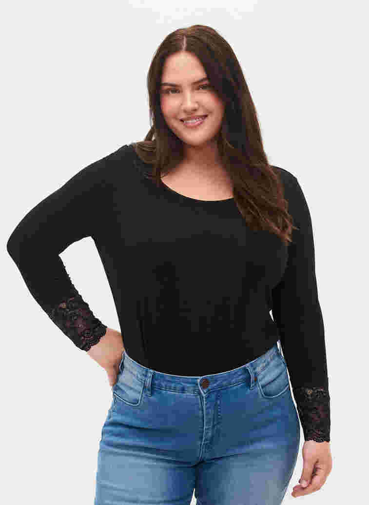 Long-sleeved viscose blouse with lace detail, Black, Model image number 0
