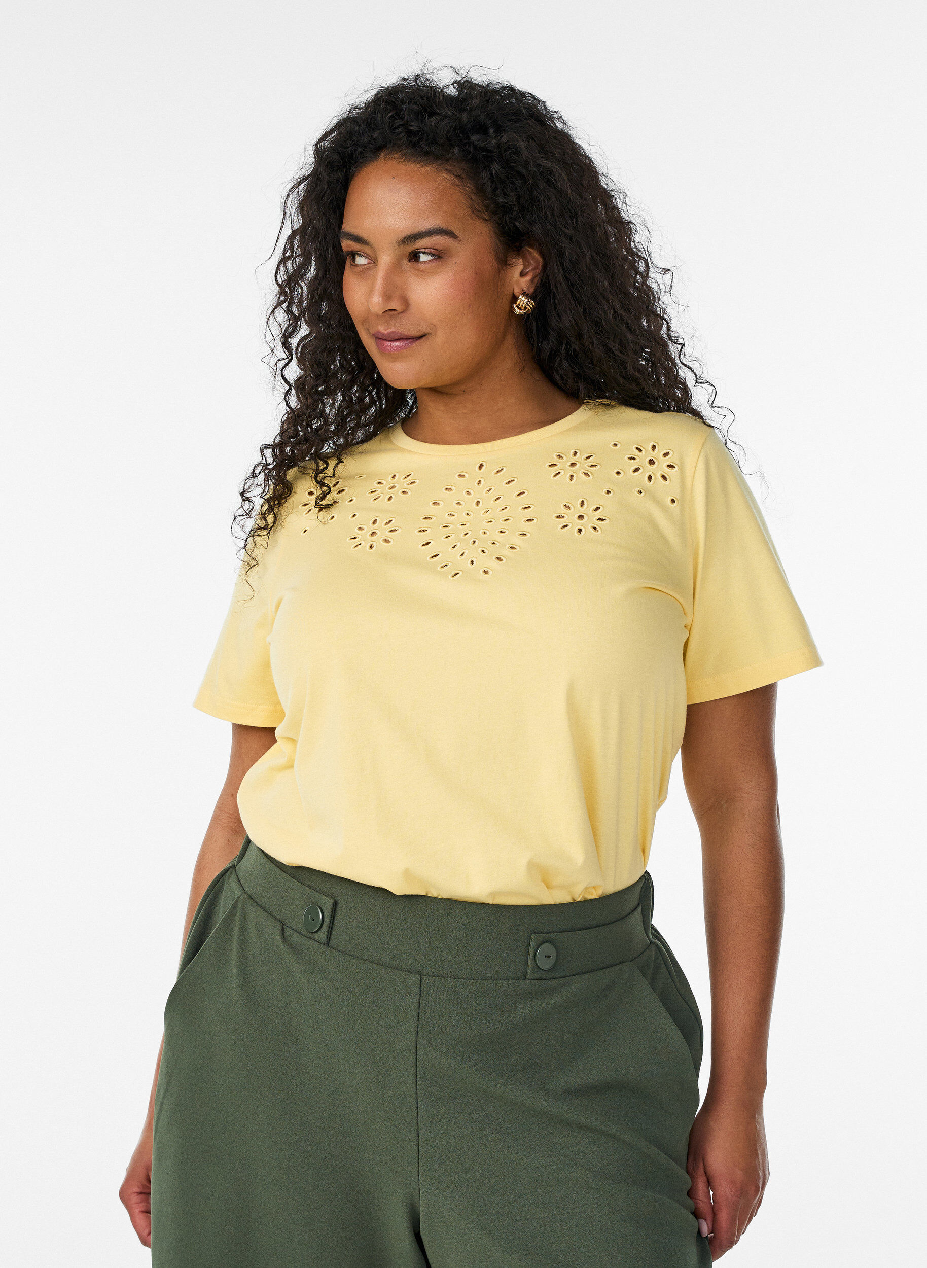 ZizzifashionOrganic cotton T-shirt with eyelet embroidery, Yellow, Model image number 0