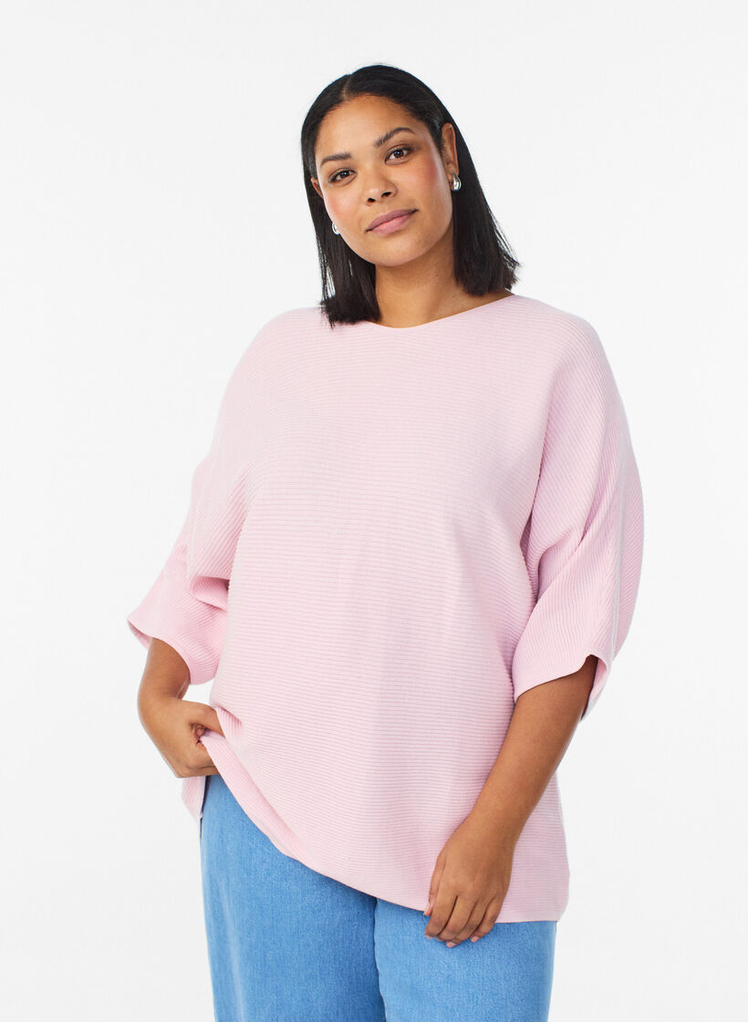 Knitted top with a boat neck and 1/2 sleeves, Pink, Model image number 0