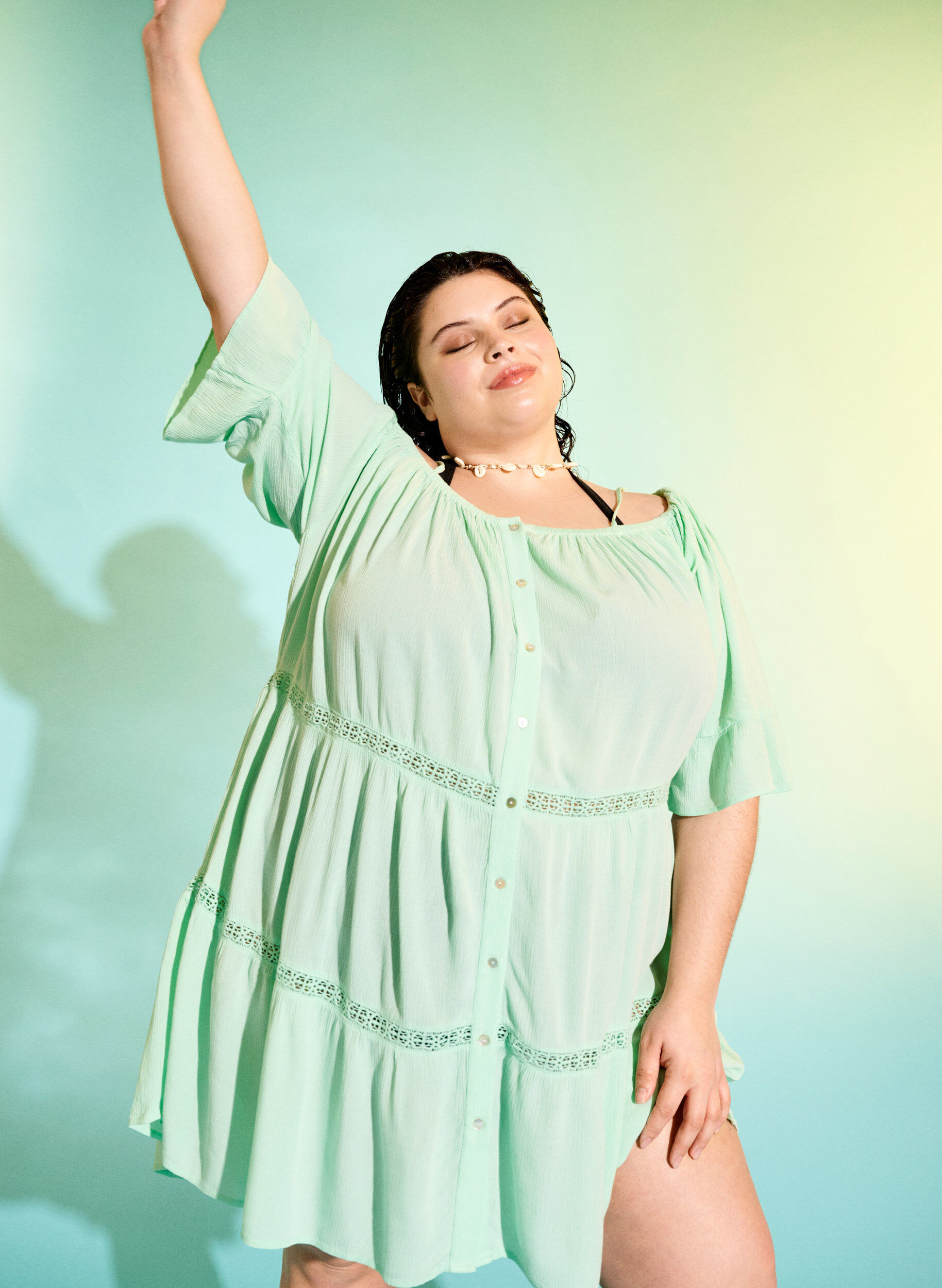 Zizzifashion Beach tunic with off-shoulder, Brook Green, Image image number 0