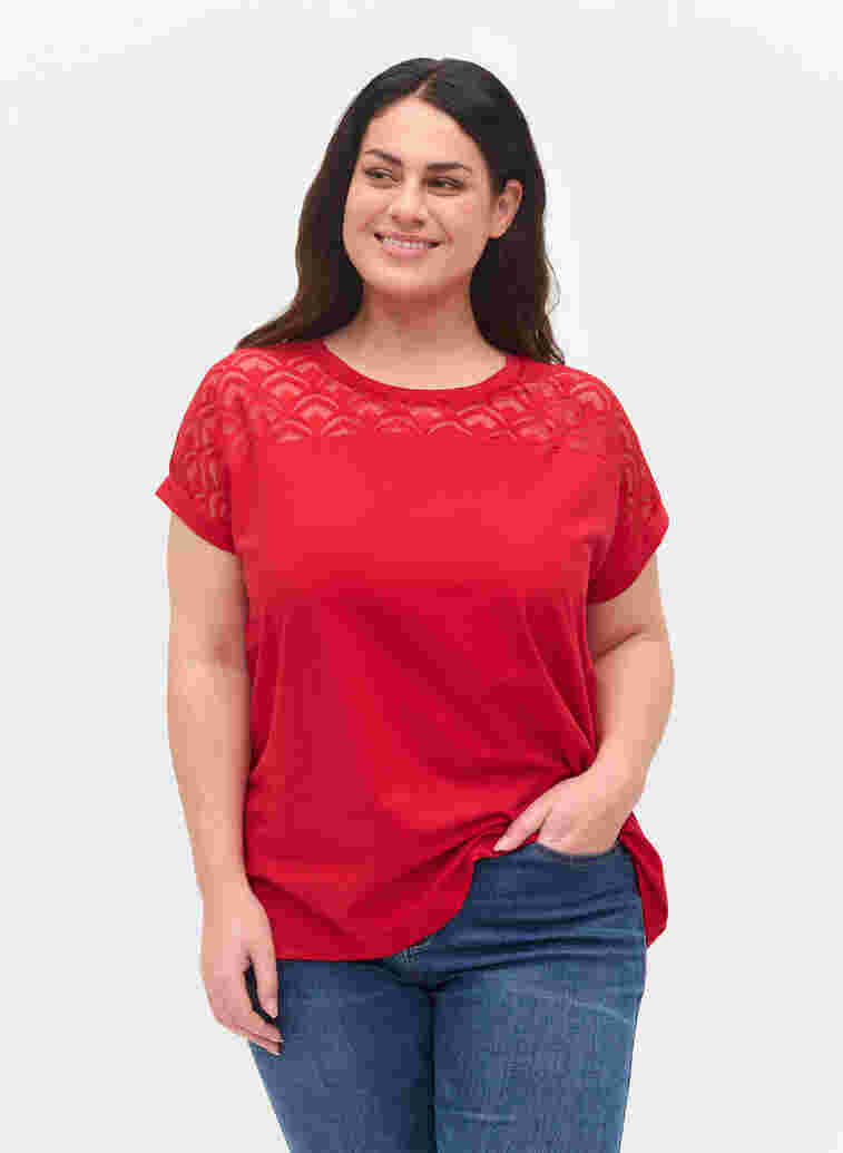 Short-sleeved cotton t-shirt with lace, Tango Red, Model