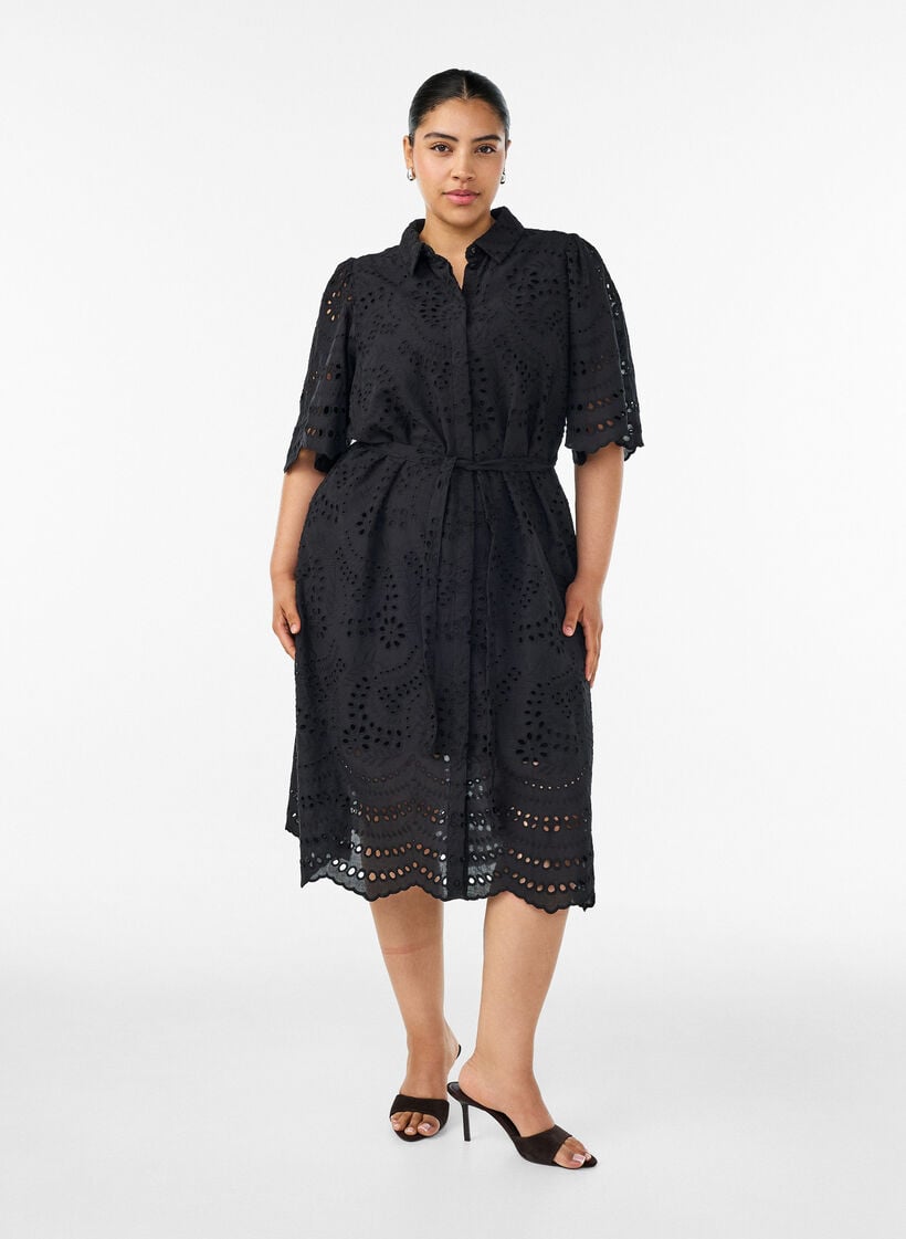 Shirt dress in broderie anglaise with a tie-belt, Black, Model image number 1