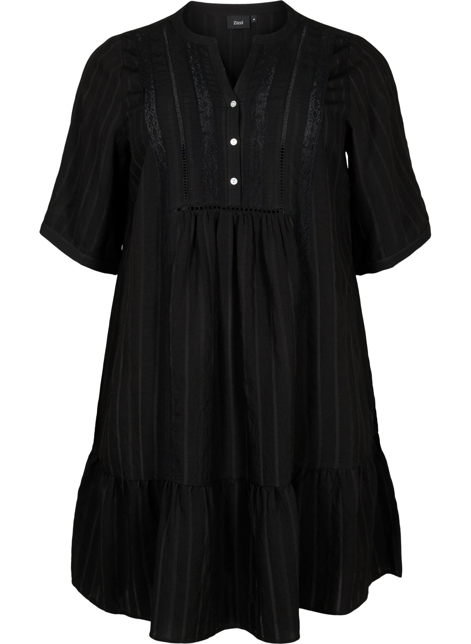 Zizzifashion Striped viscose dress with lace ribbons, Black, Packshot image number 0