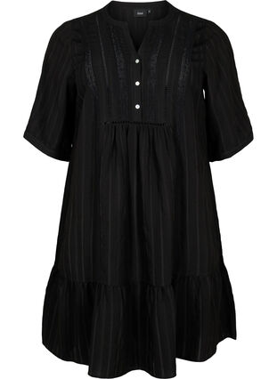 Striped viscose dress with lace ribbons, Black, Packshot image number 0