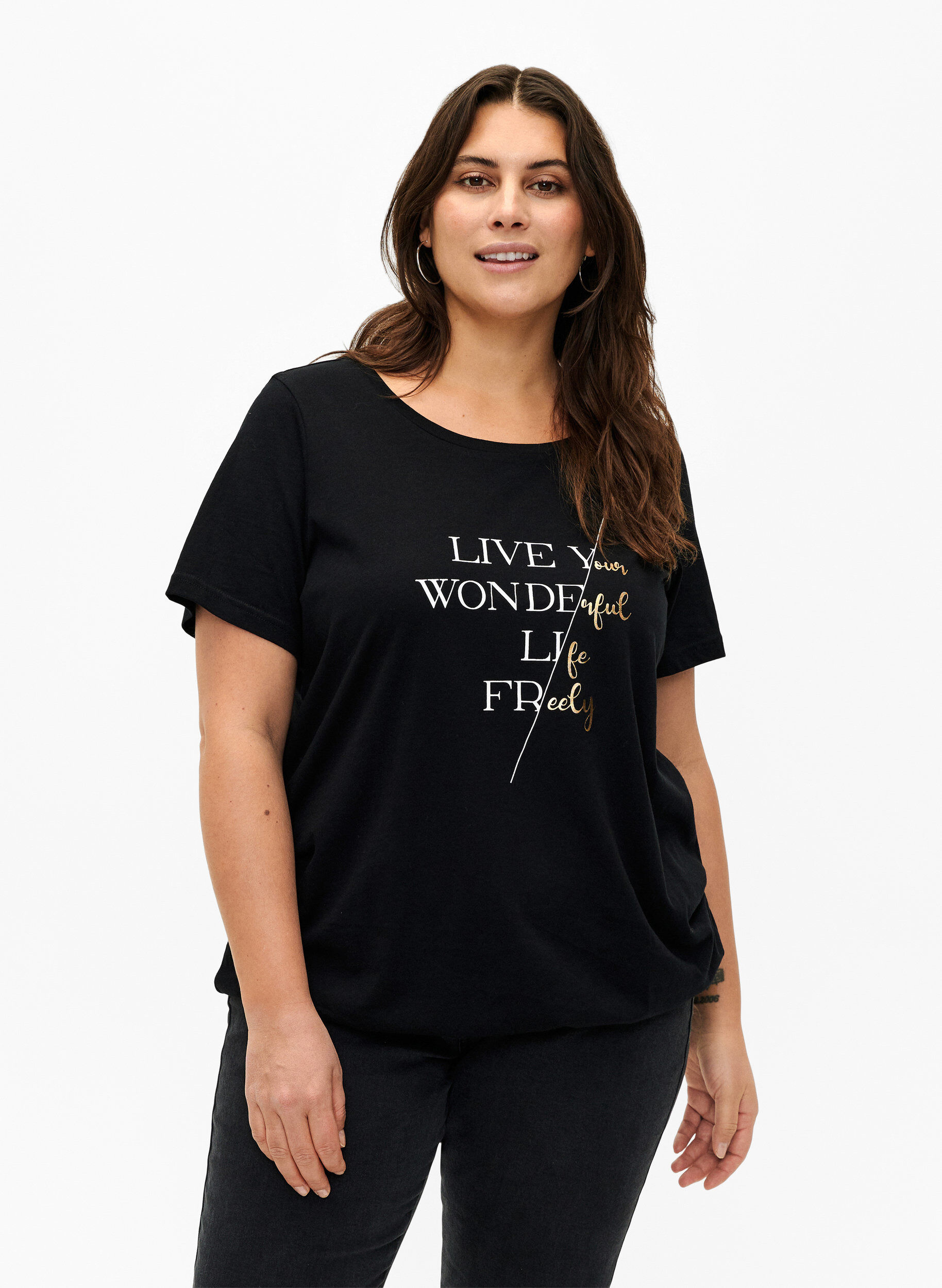 Zizzifashion Short-sleeved cotton T-shirt with elasticated hem, Black w. Live, Model image number 0