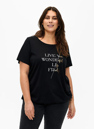 Short-sleeved cotton T-shirt with elasticated hem, Black w. Live, Model image number 0