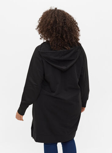 Sweater dress with hood and print details, Black Solid, Model image number 1