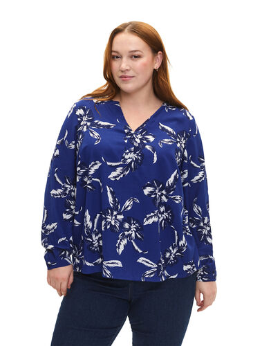 FLASH - Long sleeve blouse with print, Navy Blazer Flower, Model image number 0
