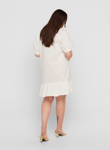 Cotton shirt dress with balloon sleeves, Bright White, Model image number 1