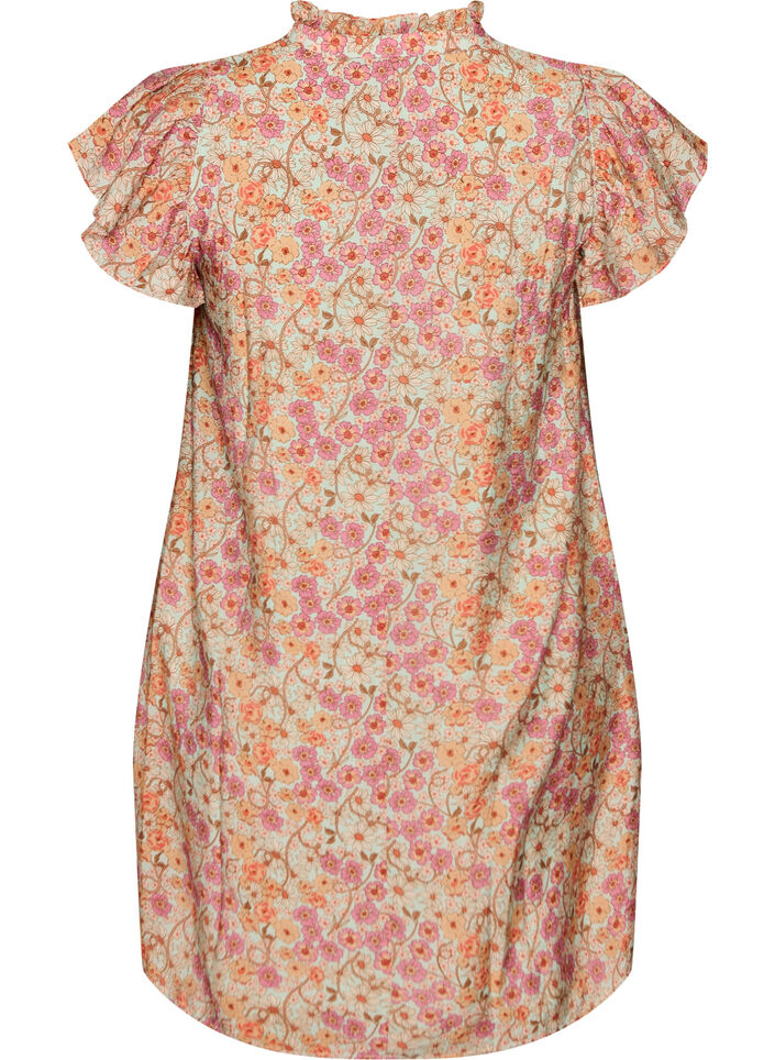 Short viscose dress with smocking and floral print, Orange, Packshot image number 1