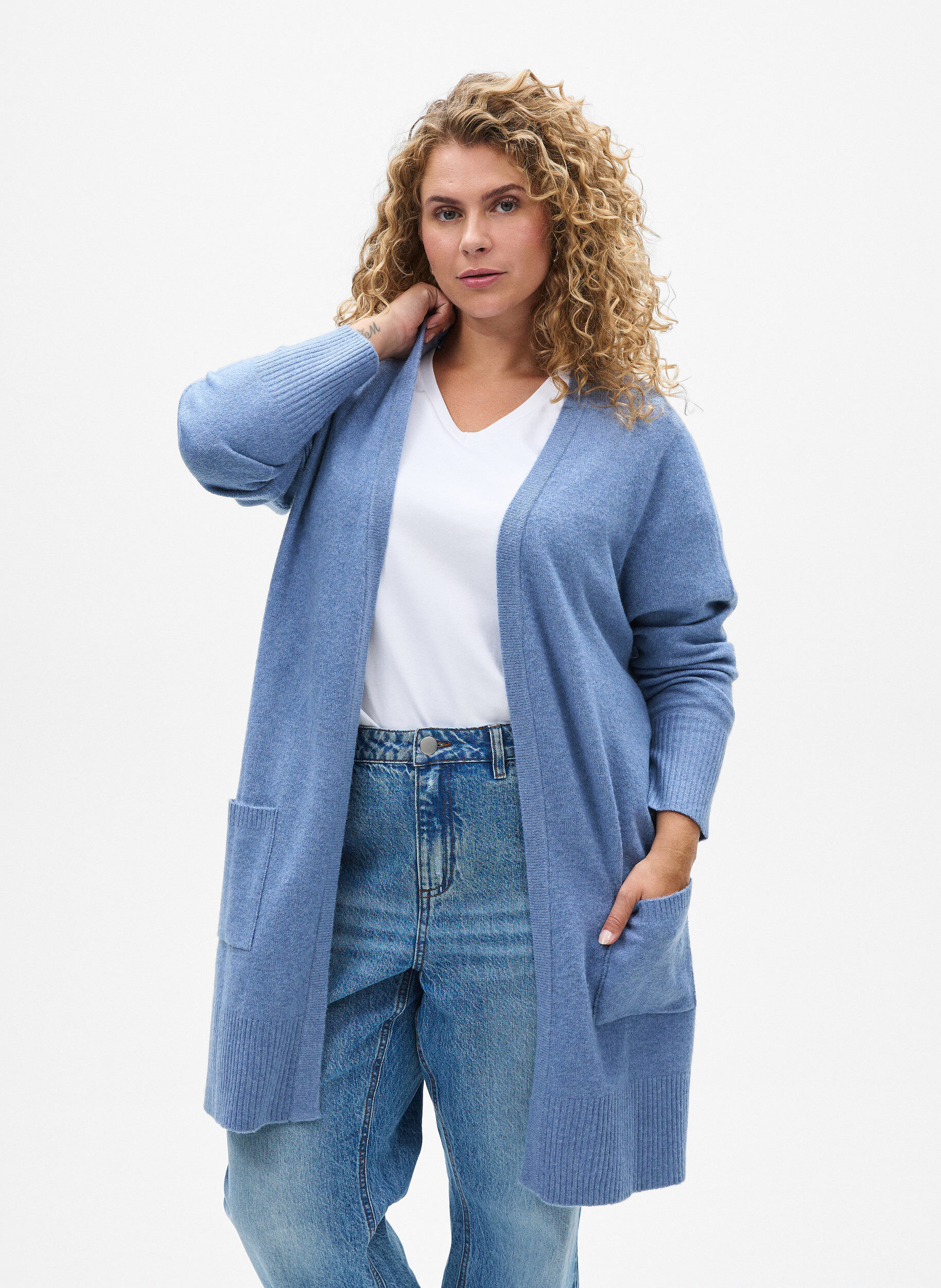 Zizzifashion Ribbed Knit Cardigan with Pockets, Blue, Model image number 0