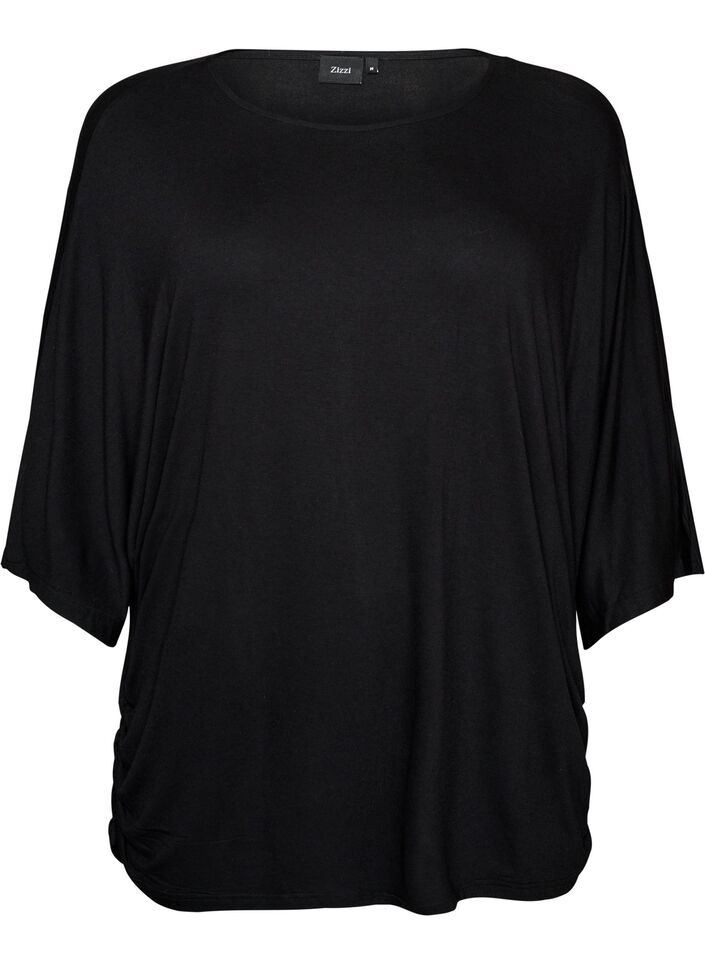 Jersey blouse with elbow-length balloon sleeves, Black, Packshot image number 0