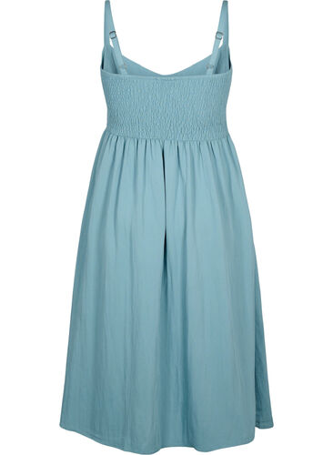 Plain coloured viscose strap dress with smock, Smoke Blue, Packshot image number 1