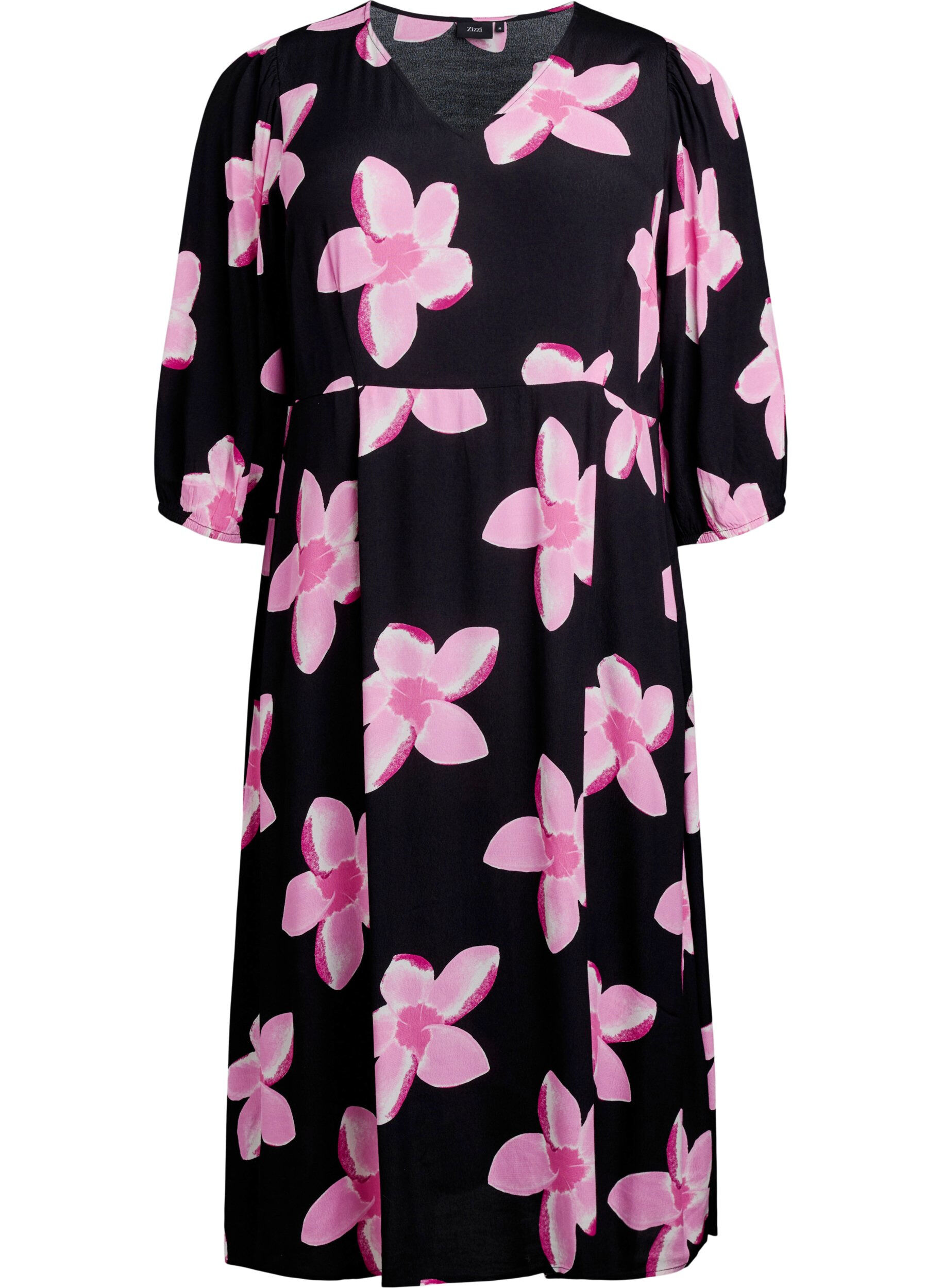 Zizzifashion Midi dress with floral print and 3/4 sleeves, Black, Packshot image number 0