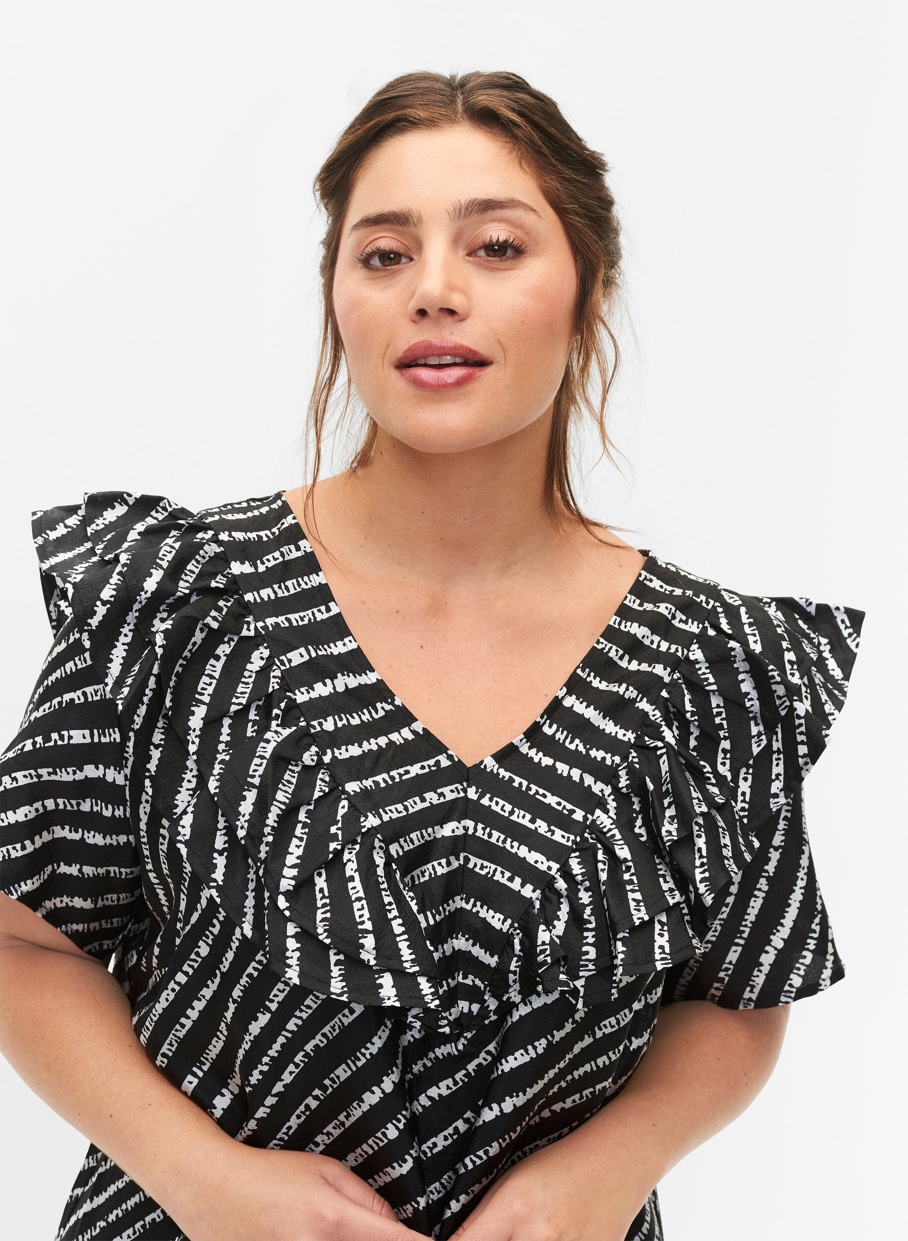 Zizzifashion Striped tunic with frills, Black/White Stripes, Model image number 2