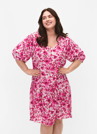 Floral viscose dress with a-shape, Pink Flower Rain, Model