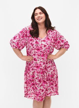 Floral viscose dress with a-shape, Pink Flower Rain, Model image number 0