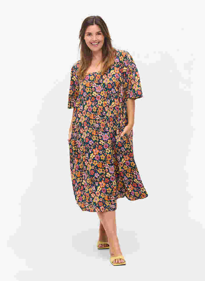 Floral viscose midi dress, Multi Flower AOP, Model image number 2