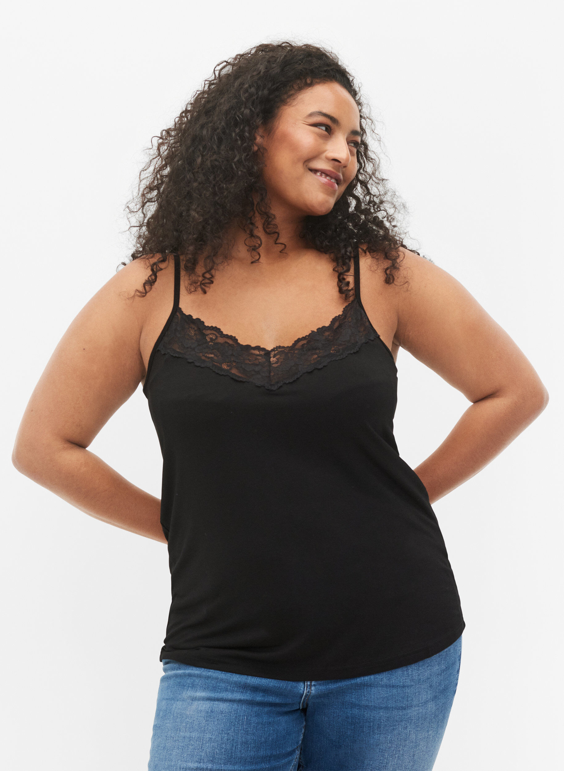 Zizzifashion Viscose top with lace details, Black, Model image number 0