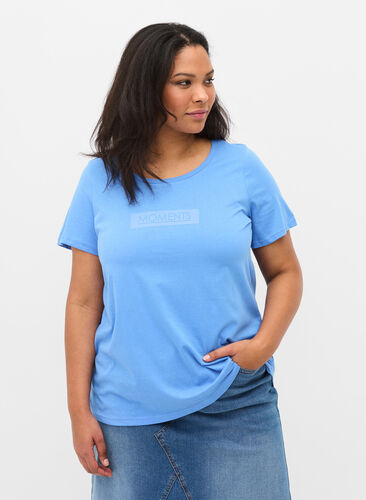 Short-sleeved cotton t-shirt with a print, Ultramarine TEXT, Model image number 0