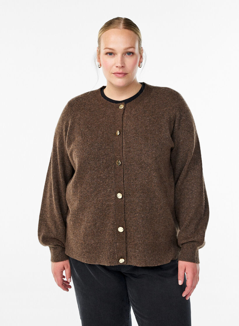 Cardigan in soft knit with gold-coloured buttons, Brown, Model image number 0