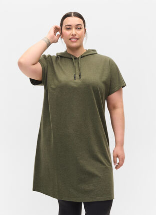 Hooded short-sleeved sweat dress, Forest Night, Model image number 0