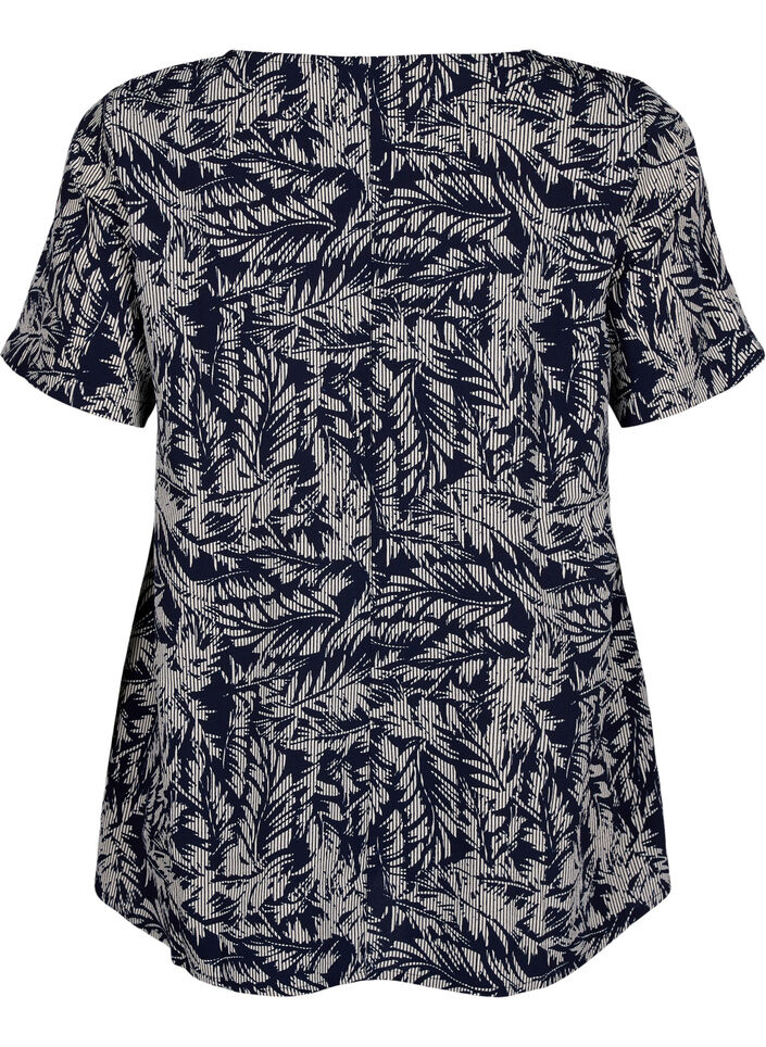 FLASH - Blouse with short sleeves and print, Off White Blue Leaf, Packshot image number 1