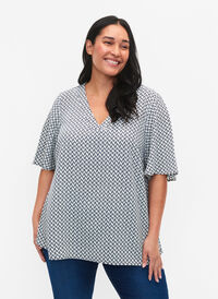 Short-sleeved blouse with print, Off White AOP, Model