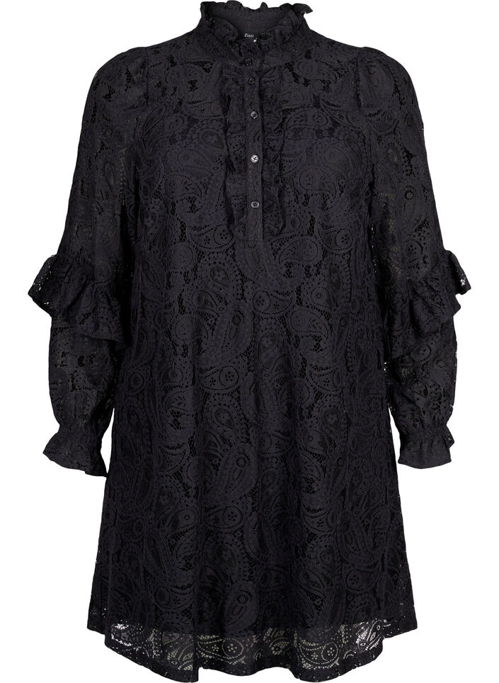 Short lace dress with ruffle detail, Black, Packshot image number 0