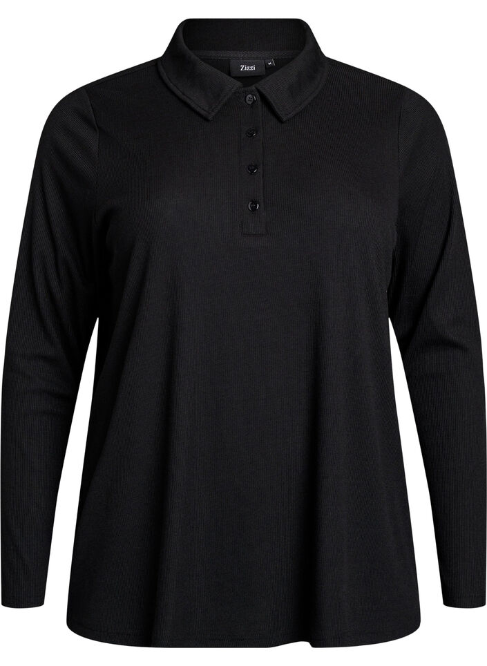 Long-sleeved polo in stretchy ribbed quality, Black, Packshot image number 0