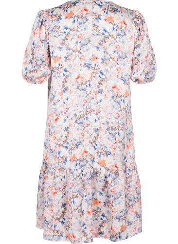 Printed dress with puff sleeves, B. White graphic AOP, Packshot image number 1