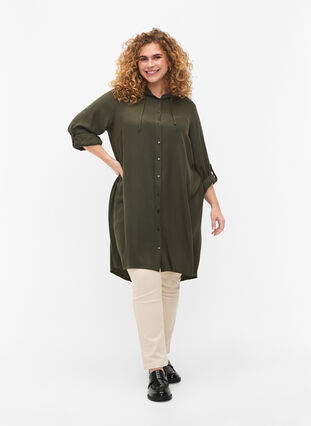 Shirt dress in viscose with hood and 3/4 sleeves, Thyme, Model image number 2