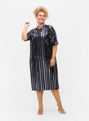 Short sleeved sequin dress with slit, Evening Blue Stripe , Model image number 2