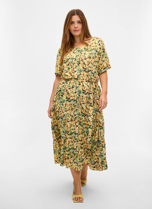Short-sleeved midi dress in viscose, Yellow Summer AOP, Model image number 2
