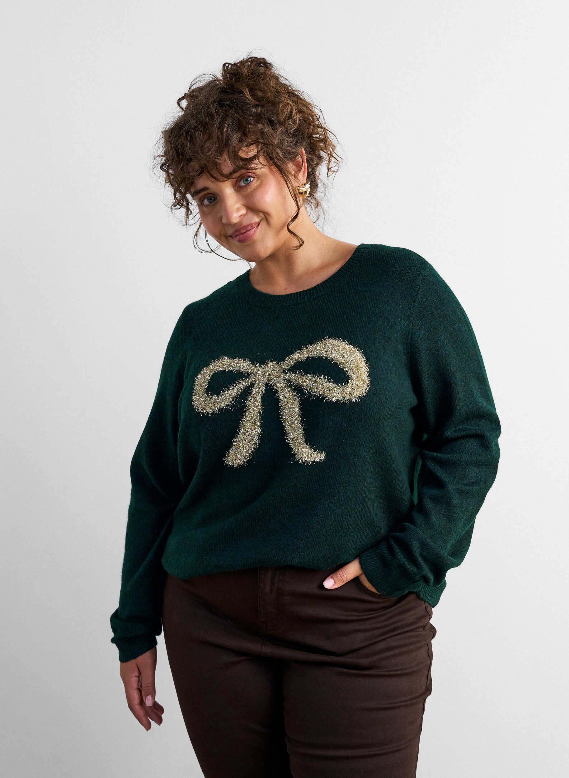 Knitted blouse with glitter bow, Green, Model