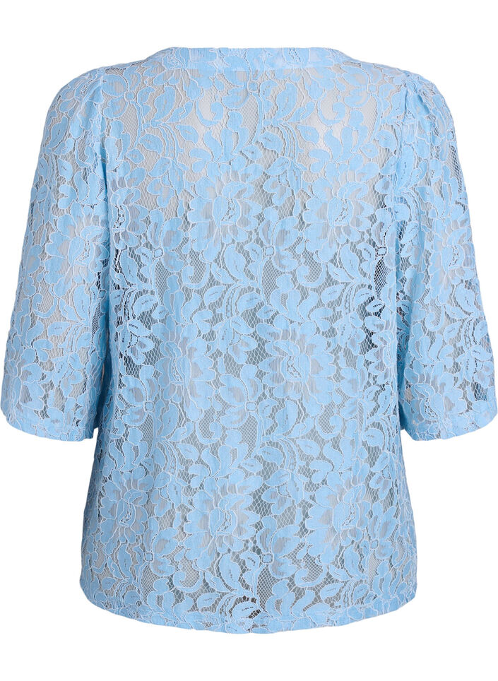 Short-sleeved lace blouse with V-neck, Blue, Packshot image number 1
