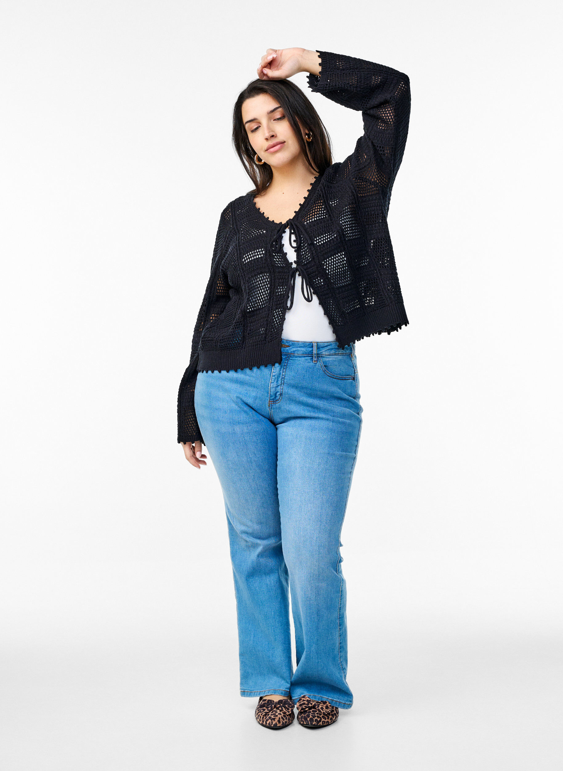 Zizzifashion Knitted cardigan with ties and an openwork pattern, Black, Model image number 1