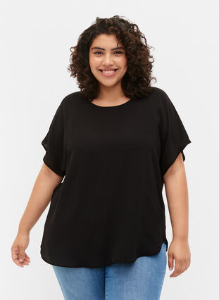 Blouse with short sleeves and a round neckline, Black, Model image number 0