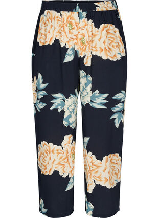 Loose-fitting viscose trousers in floral print, Roses on Navy, Packshot image number 0
