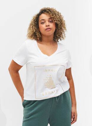 Cotton exercise t-shirt with print, White w. inhale logo, Model image number 0