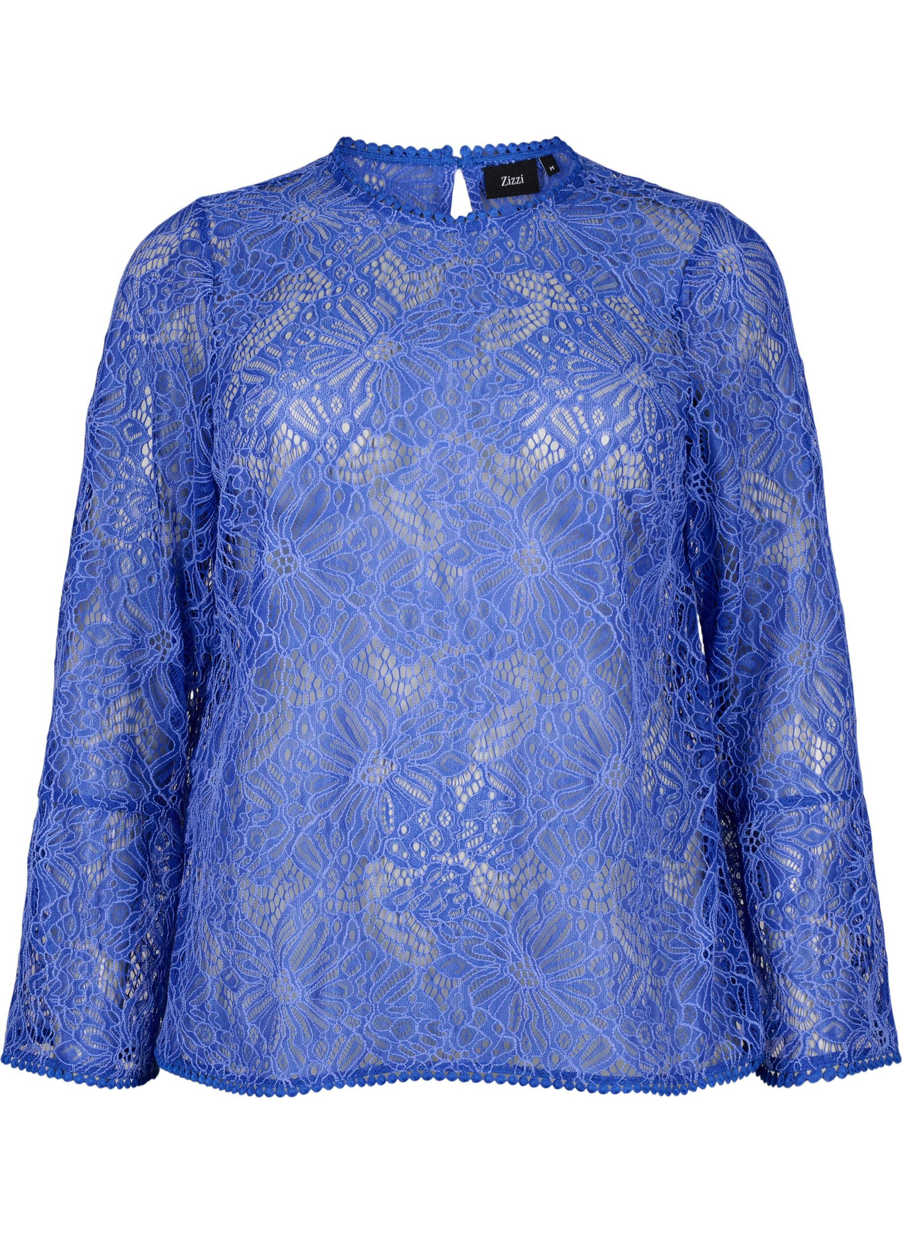 Zizzifashion Lace blouse with round neck and long sleeves, Blue, Packshot image number 0