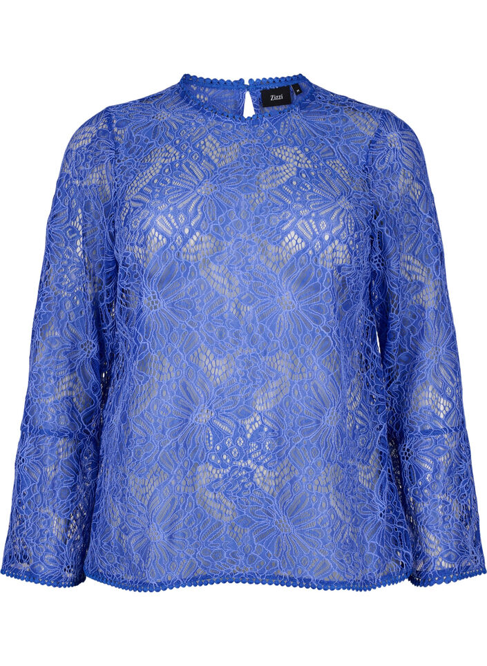 Lace blouse with round neck and long sleeves, Blue, Packshot image number 0