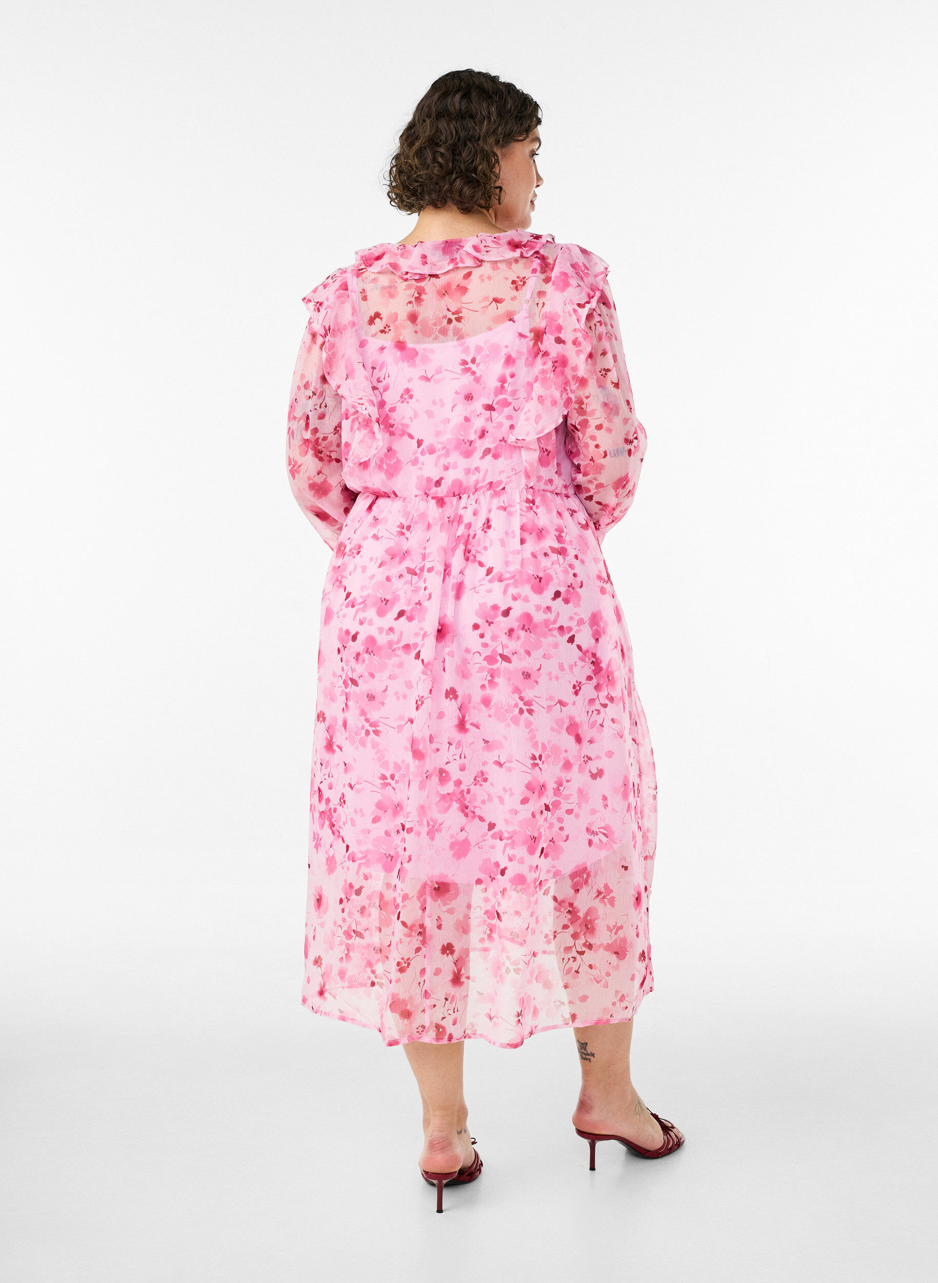ZizzifashionFloral chiffon dress with ruffles and long sleeves, Pink, Model image number 1