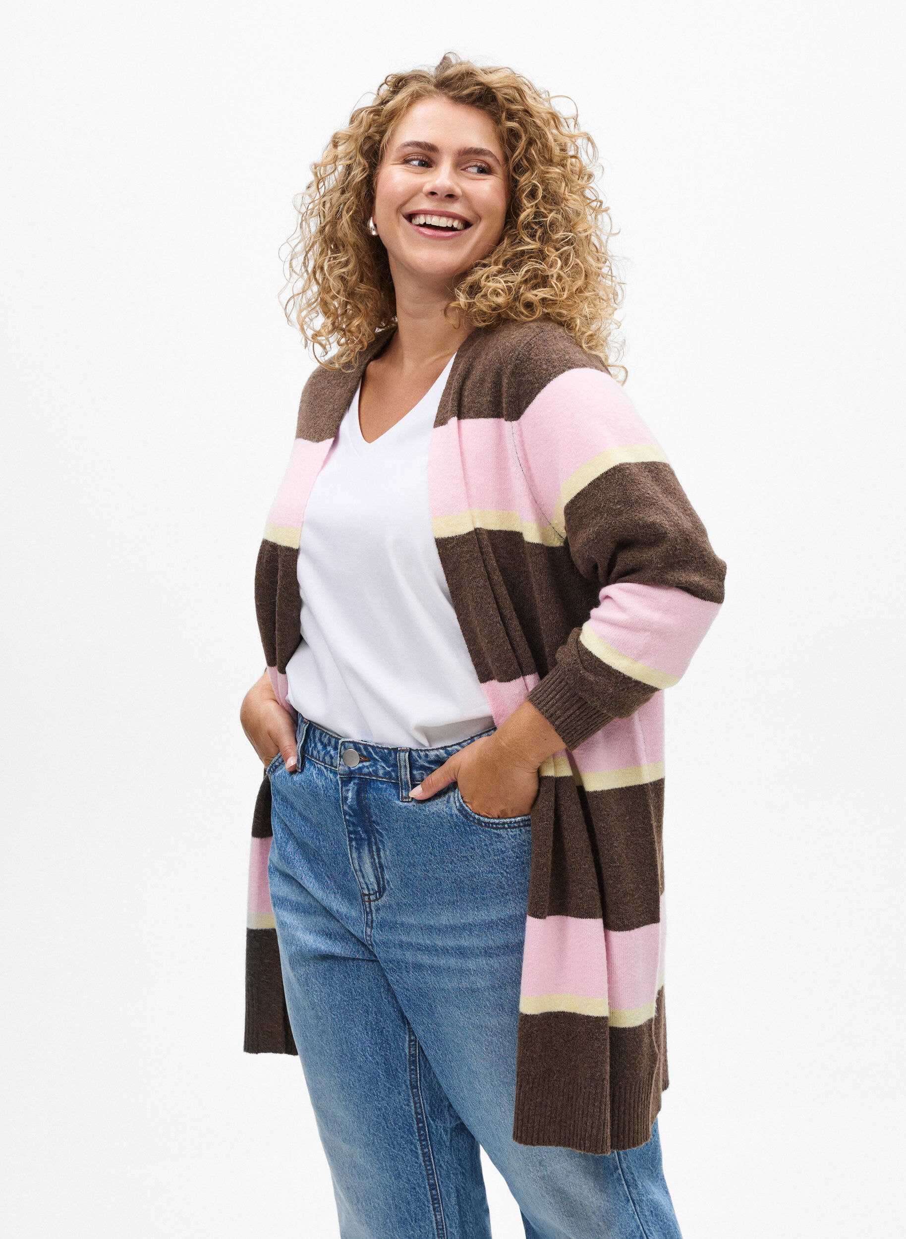 Zizzifashion Long knit cardigan with wide stripes, Brown, Model image number 0